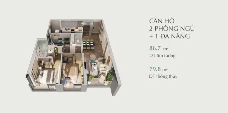 Layout căn hộ 2 phòng ngủ+ 1 đa năng