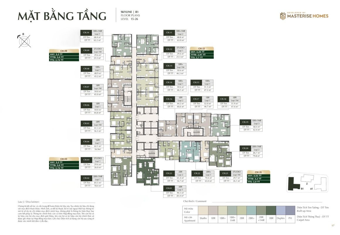 Mặt bằng các căn hộ Studio Lumiere Prime Hills